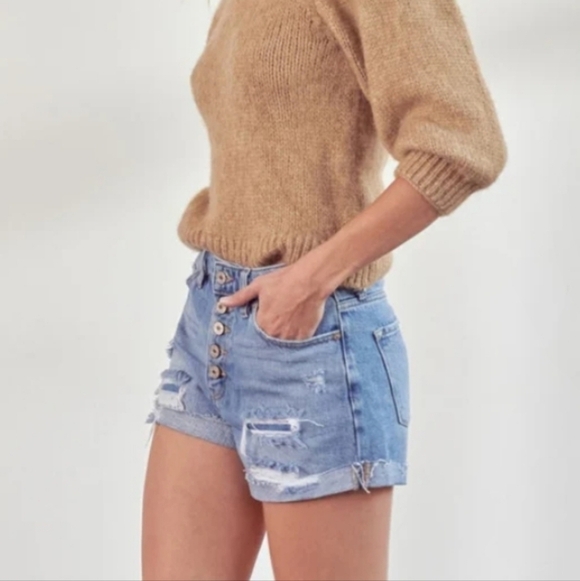 Kancan Jovana Ultra High Rise Shorts 27 Rigid Denim Button Fly Distressed - Picture 2 of 8